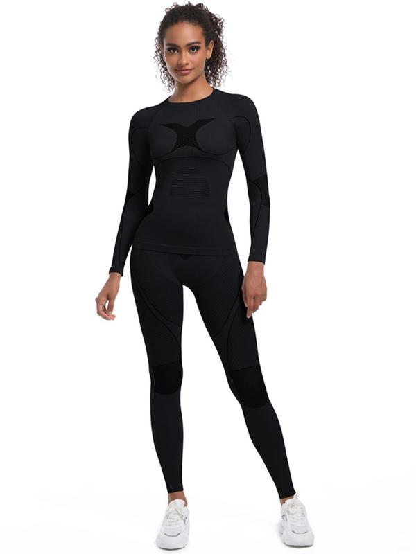 Women's Colorblock Ski Baselayer Suit, Sporty Quick Drying Compression Long Sleeve Top & High Waist Leggings, Ladies Sportswear for Skiing Gym Workout Outdoor