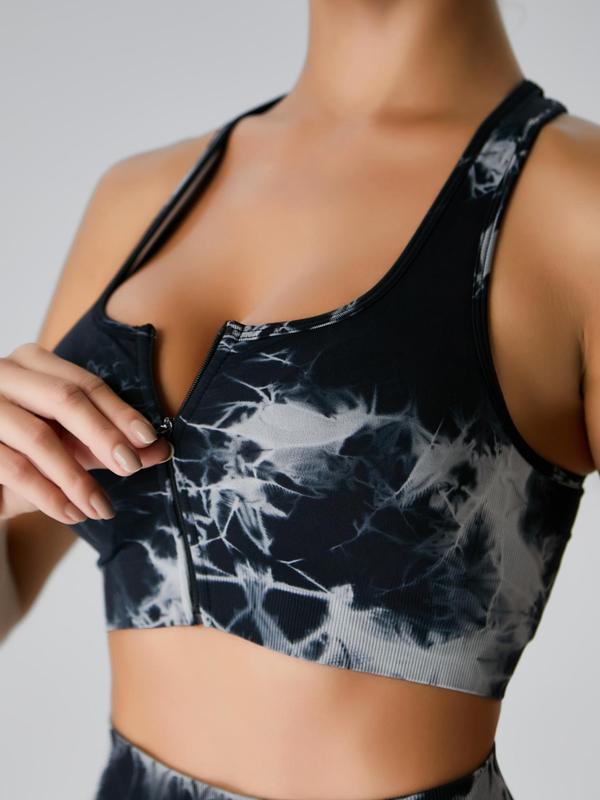 Women's Tie Dye Print Cut Out Zipper Front Sports Bra, High Stretch Seamless Wireless Sports Bra, Ladies Sportswear for Indoor Outdoor Wear