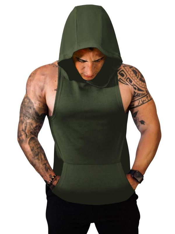 Men's Solid Kangaroo Pocket Hooded Sports Vest, Regular Fit Sporty Sleeveless Hooded Tank Top for Gym Workout, Summer Outfits 2024, Running Vest, Men's Sport & Outdoor Clothing for All Seasons, Gym Clothes for Men