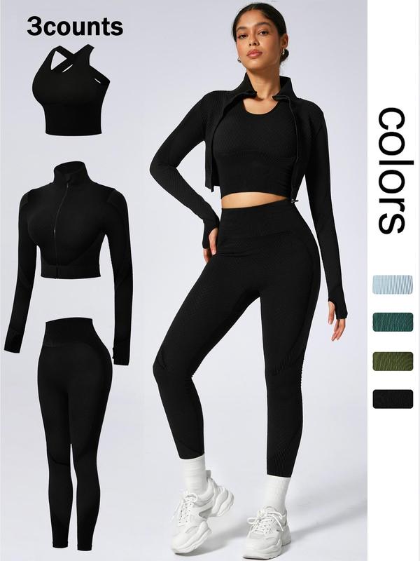 Women's Colorblock Striped Print Sports Three-Piece Set, Long Sleeve Zip Up Crop Outwear & Criss Cross Bra & High Waist Leggings Tracksuit Set, Ladies Sportswear for Indoor Outdoor Wear