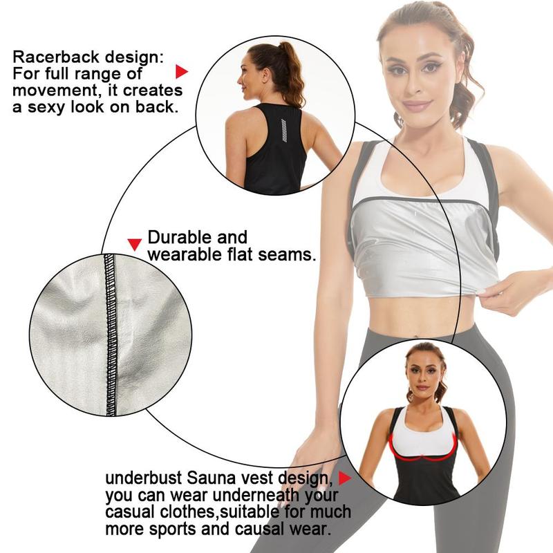 Women's Premium Milk Silk Sauna Top with Advanced Sweat-Inducing Material, Supportive Tank Design, and Eye-Catching Silver Logo for an Unmatched Fitness Experience