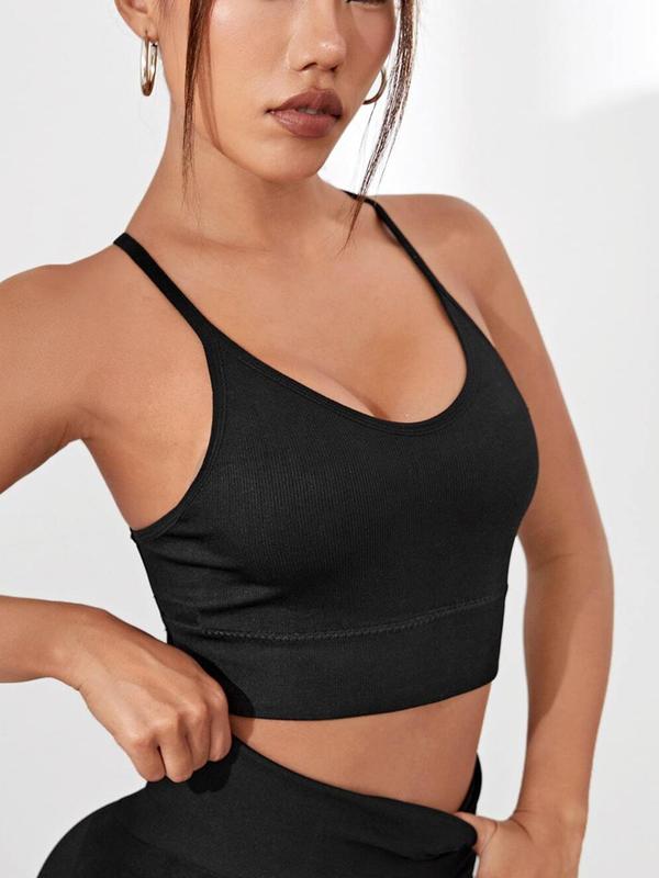 Women's Solid Criss Cross Backless Sports Bra, Fall Back-to-school Clothing, Gym Clothing, Breathable Padded Wireless Sports Bra for Yoga Gym Workout Running Tennis Pickleball, Sports Bra for Women Top