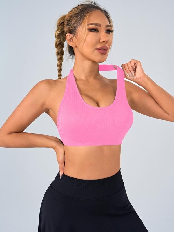 Women's Solid Backless Hook & Eye Push Up Sports Bra, Breathable Comfortable Sports Bra, Ladies Sportswear for Indoor Outdoor Wear