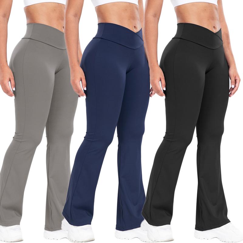 Women's Solid Color Crossover Flare Leggings,High Waisted Casual Stretchy Workout Yoga Pants, Sports Leggings Gymwears Pants Athletic Outfit