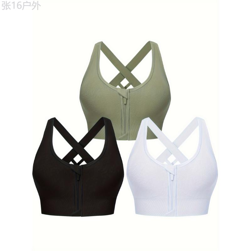 3 Pack High Impact Sports Bras, Women's Cross Back Padded Zipper Workout Bras