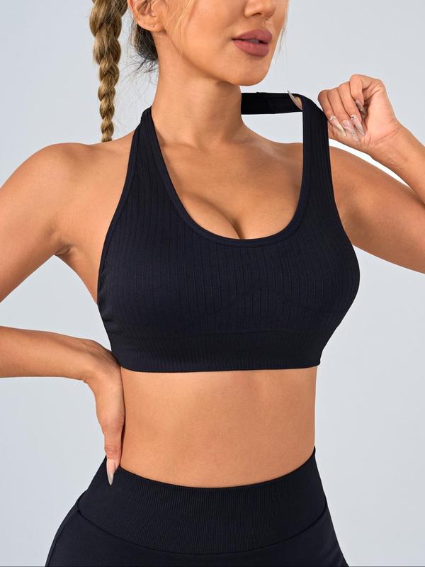 Women's Solid Backless Hook & Eye Push Up Sports Bra, Breathable Comfortable Sports Bra, Ladies Sportswear for Indoor Outdoor Wear