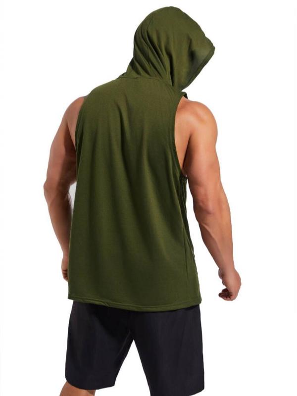 Men's Solid Kangaroo Pocket Hooded Sports Vest, Regular Fit Sporty Sleeveless Hooded Tank Top for Gym Workout, Summer Outfits 2024, Running Vest, Men's Sport & Outdoor Clothing for All Seasons, Gym Clothes for Men