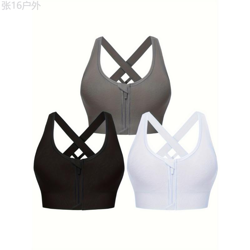 3 Pack High Impact Sports Bras, Women's Cross Back Padded Zipper Workout Bras