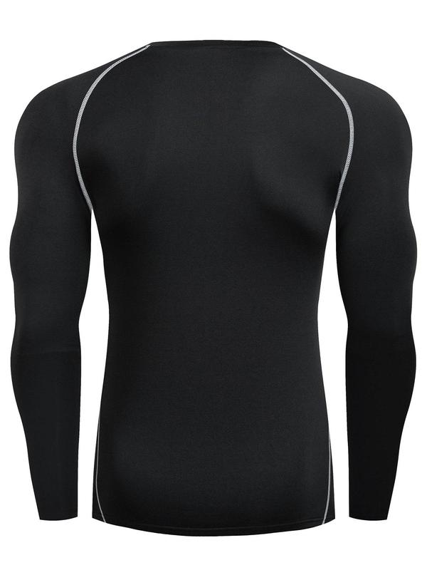 Men's Contrast Binding Round Neck Sports Tee, Hight Stretch Quick Drying Long Sleeve Compression Top for Gym Workout Running,  Workout Tops,  Sport & Outdoor Clothing for All Seasons