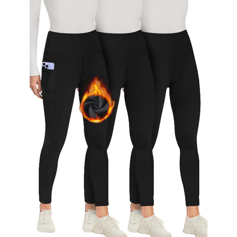 (3 Pieces) High Waisted Tummy Control Side Thermal Pocket Shaping Training Leggings Women Thin Fleece Leggings Workout Pocket Yoga Leggings