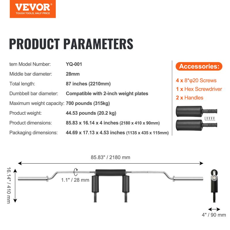 VEVOR Safety Squat Bar, 700 LBS Fitness Squat  Bar, Safety Squat Bar Attachment with Shoulder and Arm Pads, 28mm Diameter Weight Bar, Ideal for Front Squats, Lunges, Rehab, Physical Therapy