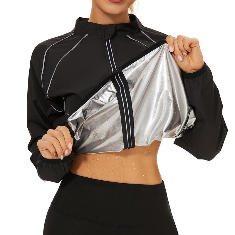 Women's Zippered Sauna Suit with Enhanced Sweat Material, Reflective Silver Accents, Long Sleeves, and Pleated Sleeve Cuffs & Hem for Intense Workouts and Weight Loss,Elevate Your Sweat Experience