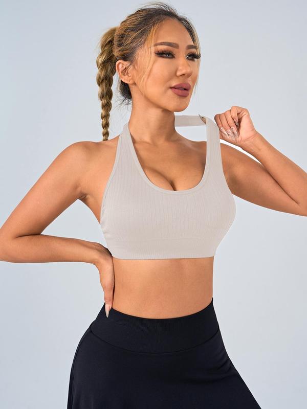 Women's Solid Backless Hook & Eye Push Up Sports Bra, Breathable Comfortable Sports Bra, Ladies Sportswear for Indoor Outdoor Wear