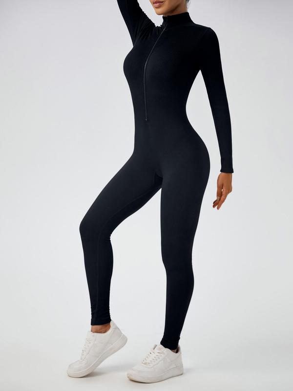 Women's Solid Long Sleeve Sports Jumpsuits, Zipper Ribbed Exercise Jumpsuits, Seamless Jumpsuits, One-piece Yoga Suits, High Elastic Sports Suit