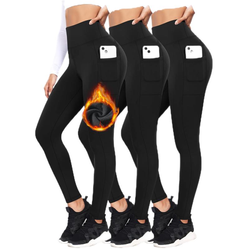 (3 Pieces) High Waisted Tummy Control Side Thermal Pocket Shaping Training Leggings Women Thin Fleece Leggings Workout Pocket Yoga Leggings