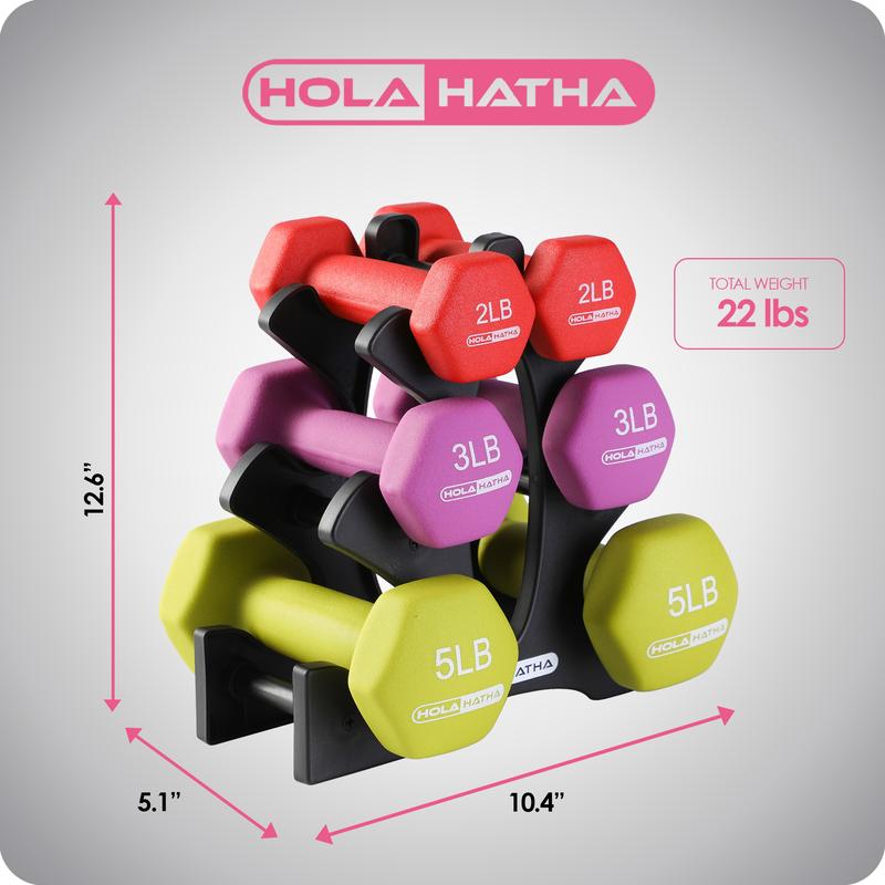 HolaHatha Neoprene Dumbbell Weight Set with Rack