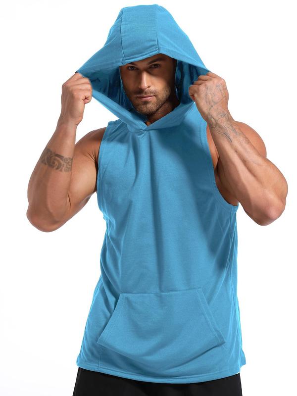 Men's Solid Kangaroo Pocket Hooded Sports Vest, Regular Fit Sporty Sleeveless Hooded Tank Top for Gym Workout, Summer Outfits 2024, Running Vest, Men's Sport & Outdoor Clothing for All Seasons, Gym Clothes for Men