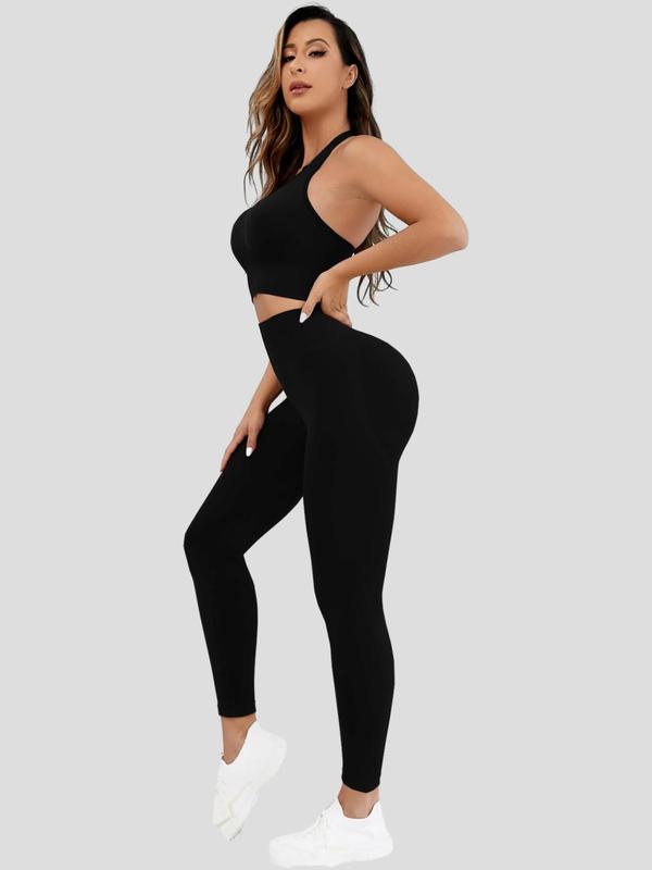 Two-Piece Set Women's Solid Backless Halter Top & High Waist Leggings Tracksuit Set, Sporty Casual Breathable Seamless Outfits for Yoga Gym, Women Tracksuits for Summer