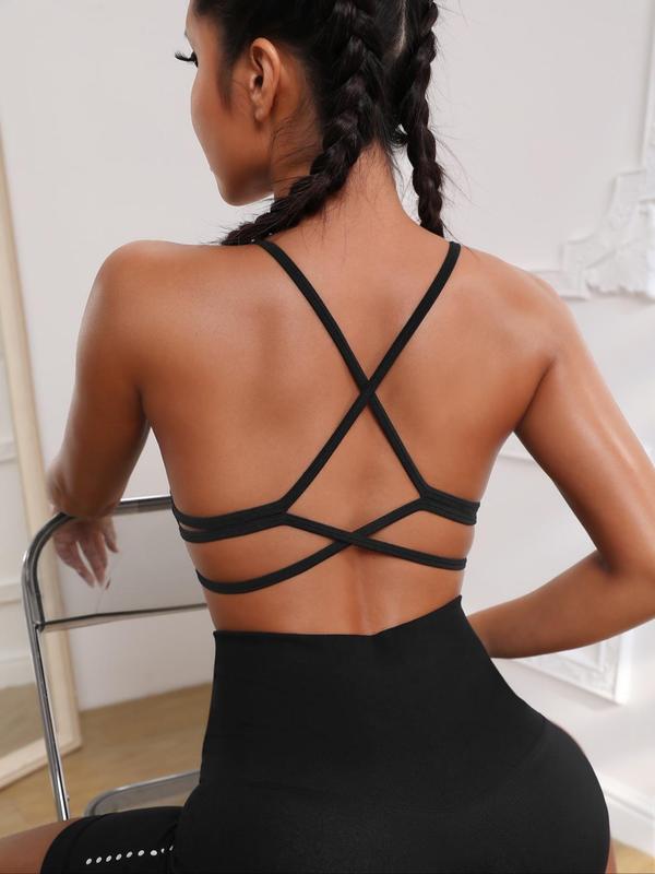 Women's Solid Criss Cross Backless Sports Bra, Summer Clothes Women, Breathable Comfortable Wireless Sports Bra, Ladies Sportswear for Indoor Outdoor Wear