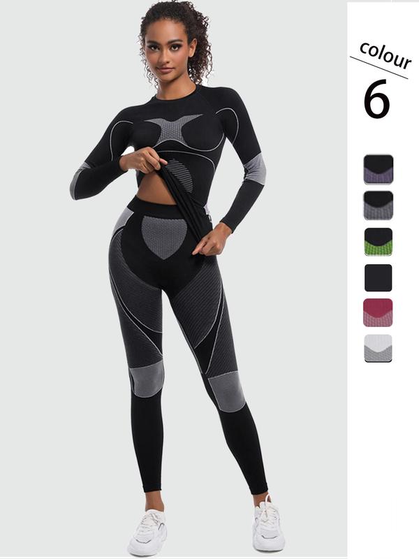 Women's Colorblock Ski Baselayer Suit, Sporty Quick Drying Compression Long Sleeve Top & High Waist Leggings, Ladies Sportswear for Skiing Gym Workout Outdoor