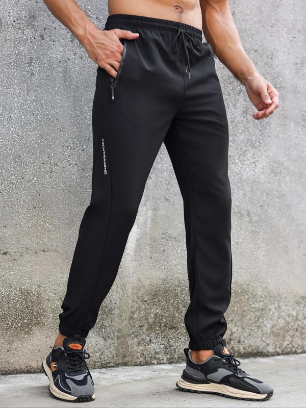 Men's Letter Print Drawstring Waist Sports Joggers, Casual Breathable Comfortable Zipper Pocket Jogger Pants for Outdoor Workout Running, Menswear for All Seasons