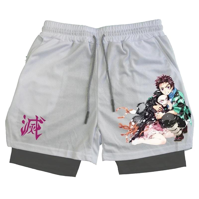 Men Shorts Anime Graphic Gym Shorts 2-in-1 Men Gym Shorts Summer Double Layer Sports Shorts with Inner Pocket Men Training Running Clothes Free shipping,Free delivery