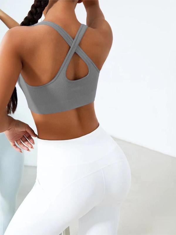 Women's Solid Criss Cross Backless Wireless Sports Bra, Breathable Comfortable Seamless Sports Bra, Ladies Sportswear for Indoor Outdoor Wear, Fall Outfits, Fallfreshness