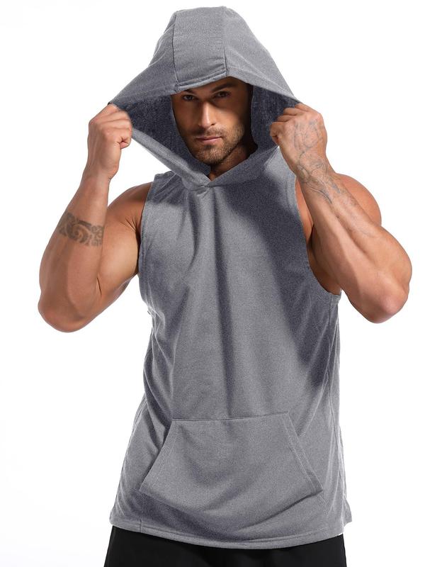 Men's Solid Kangaroo Pocket Hooded Sports Vest, Regular Fit Sporty Sleeveless Hooded Tank Top for Gym Workout, Summer Outfits 2024, Running Vest, Men's Sport & Outdoor Clothing for All Seasons, Gym Clothes for Men