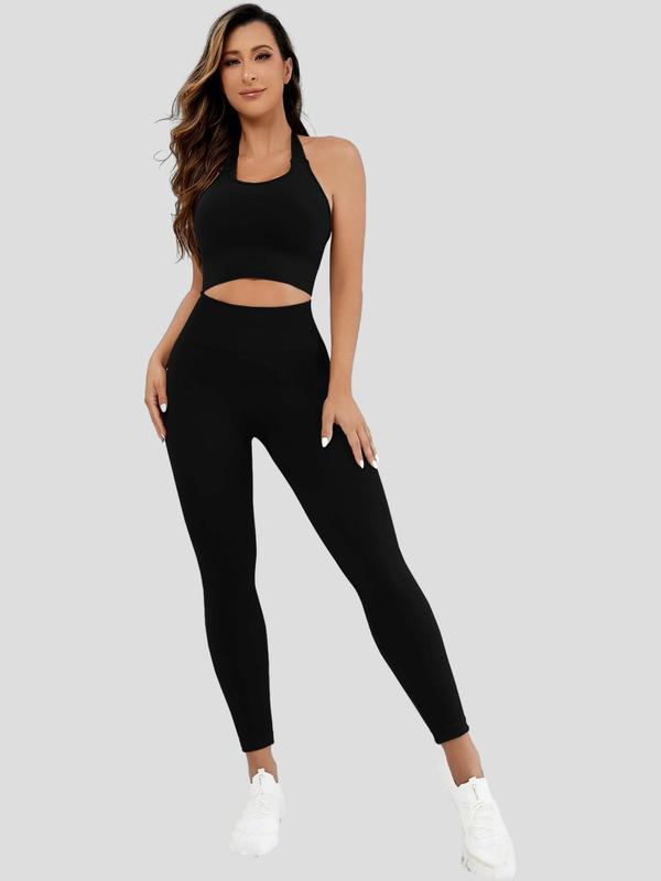 Two-Piece Set Women's Solid Backless Halter Top & High Waist Leggings Tracksuit Set, Sporty Casual Breathable Seamless Outfits for Yoga Gym, Women Tracksuits for Summer