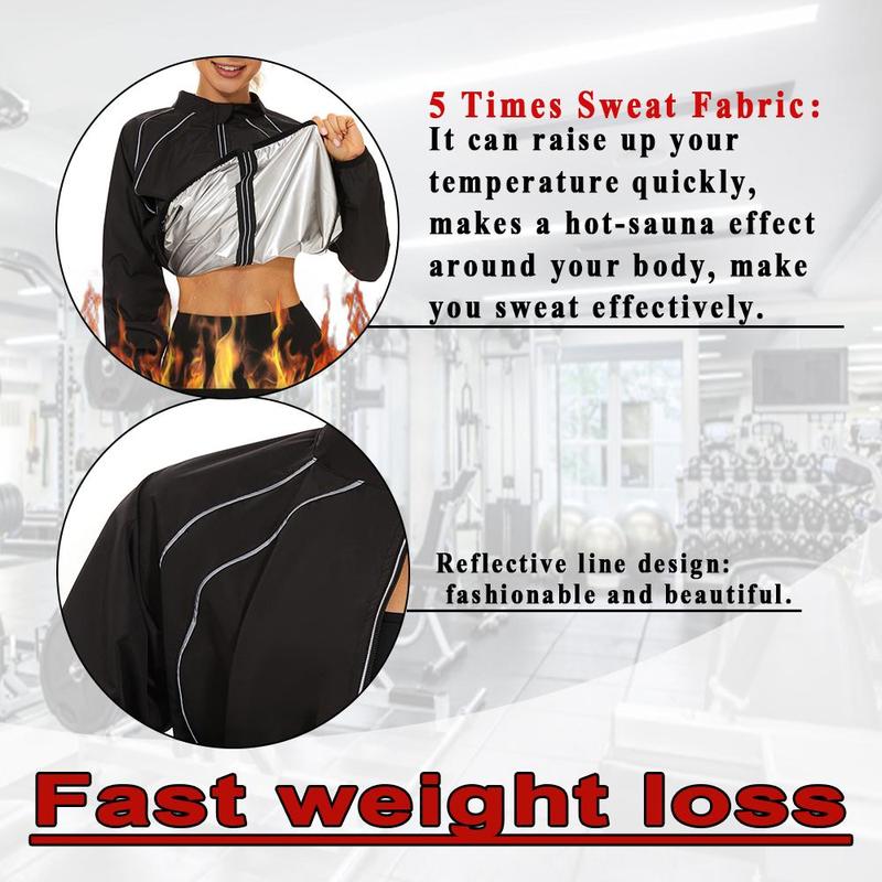 Women's Zippered Sauna Suit with Enhanced Sweat Material, Reflective Silver Accents, Long Sleeves, and Pleated Sleeve Cuffs & Hem for Intense Workouts and Weight Loss,Elevate Your Sweat Experience