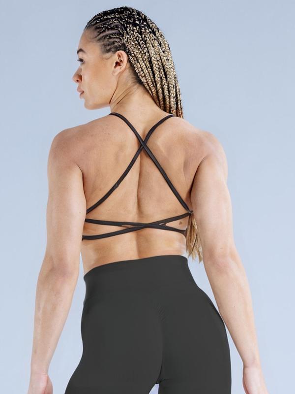 Women's Solid Criss Cross Backless Sports Bra, High Stretch Seamless Yoga Bra, Ladies Sportswear for Indoor Outdoor Wear