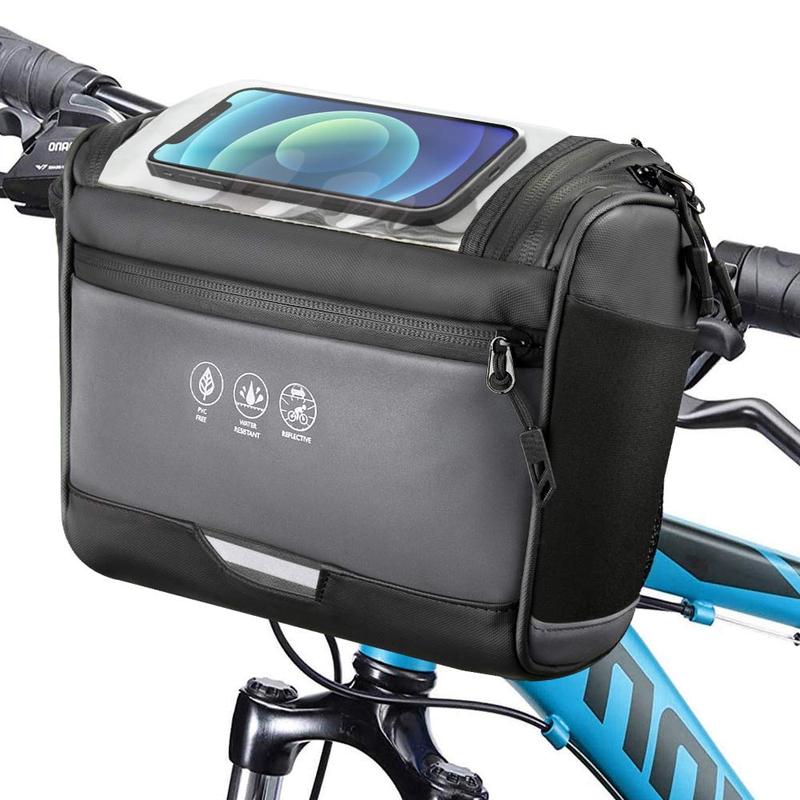 Bike Front Handlebar Bag, Large Reflective Bicycle Handlebar Basket Bag, Waterproof Storage Pannier for Bike Touchable Transparent Phone Holder Pouch