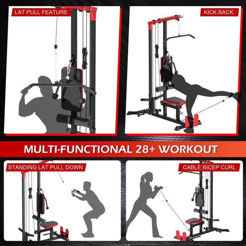 LAT Tower, LAT Pull Down and LAT Row Cable Machine with Flip-Up Footplate, High and Low Pulley Station with AB Crunch Harness, Home Gym Back Exercise Weight Machine