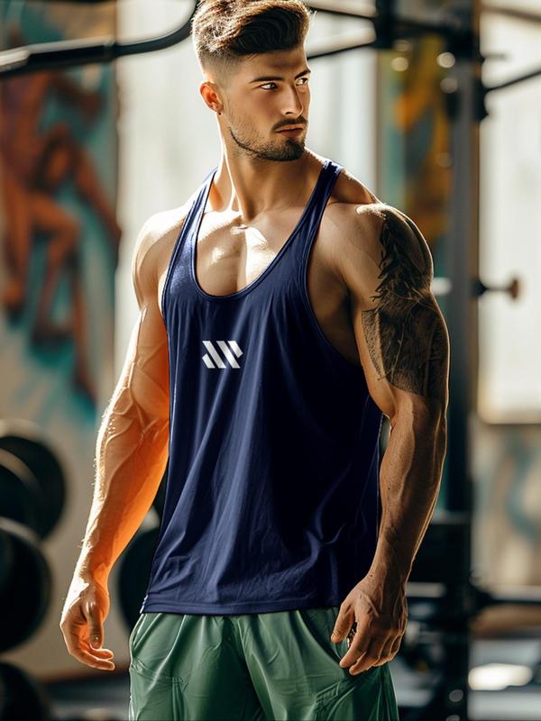 Men's Geometric Print Scoop Neck Sports Tank Top, Regular Fit Sporty Breathable Comfortable Sports Vest, Running Vest, Sportswear for Gym Workout Running, Fall Outfits, Fallfreshness, 90s Clothes