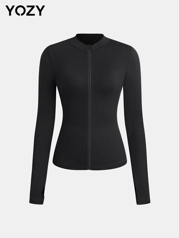 YOZY Zip Up Thumb Hole Jacket, Comfy Solid Sporty Long Sleeve Stand Collar Sports Outerwear, 2024 Women's Daily Wear for Fall & Winter