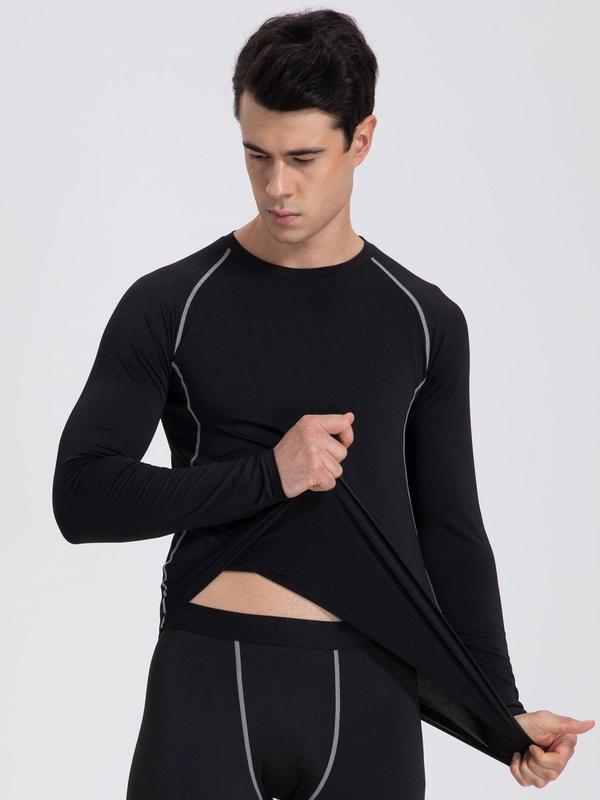 Men's Contrast Binding Round Neck Sports Tee, Hight Stretch Quick Drying Long Sleeve Compression Top for Gym Workout Running,  Workout Tops,  Sport & Outdoor Clothing for All Seasons