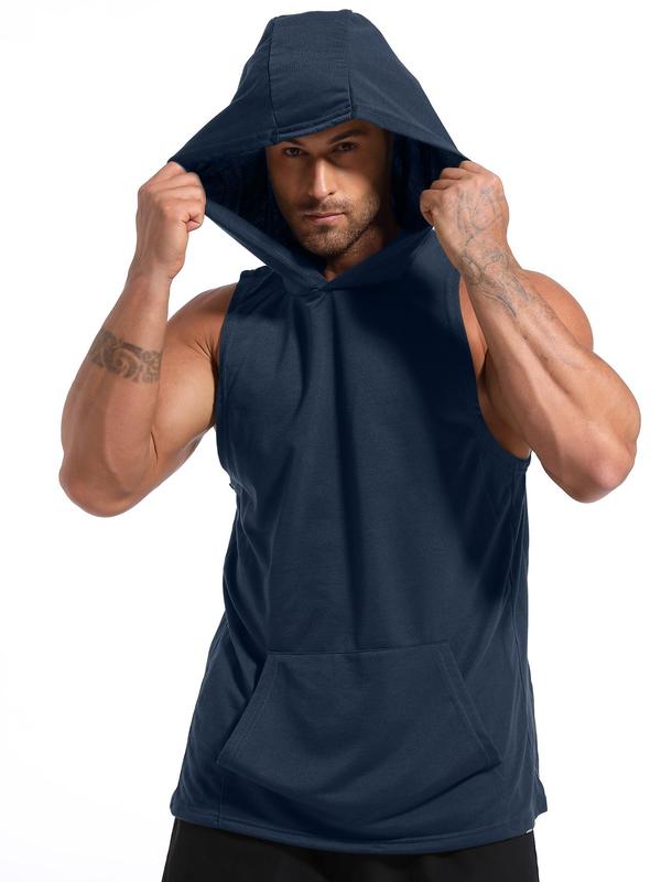 Men's Solid Kangaroo Pocket Hooded Sports Vest, Regular Fit Sporty Sleeveless Hooded Tank Top for Gym Workout, Summer Outfits 2024, Running Vest, Men's Sport & Outdoor Clothing for All Seasons, Gym Clothes for Men