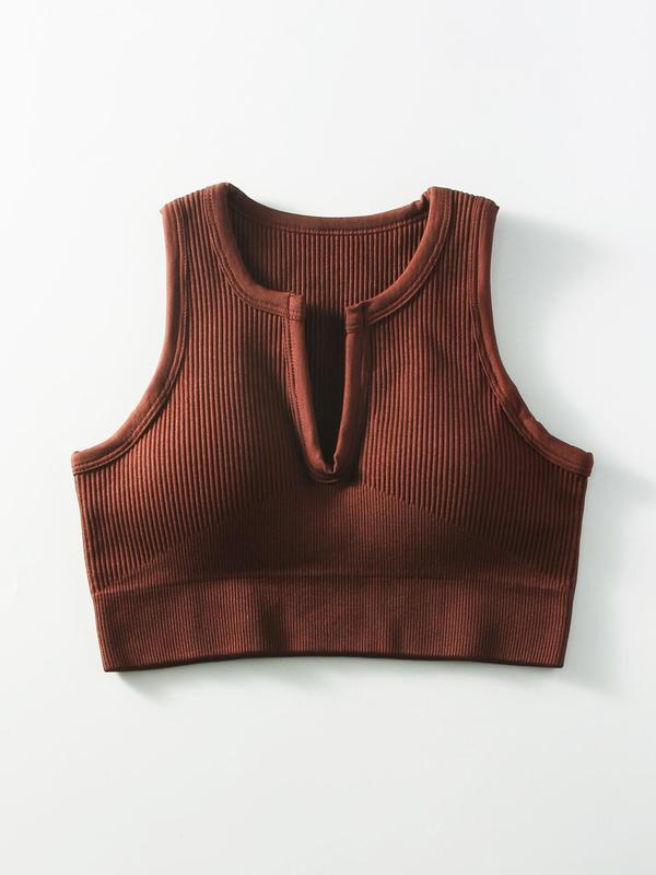 Women's Notched Neck Crop Ribbed Sports Vest, Solid Crop Sports Top, Ladies Sportswear Clothing for Indoor Outdoor Wear