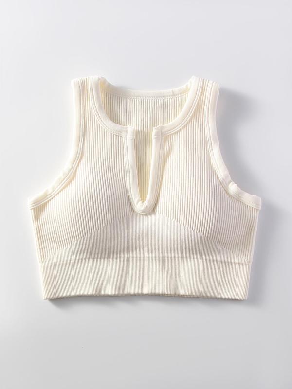 Women's Notched Neck Crop Ribbed Sports Vest, Solid Crop Sports Top, Ladies Sportswear Clothing for Indoor Outdoor Wear