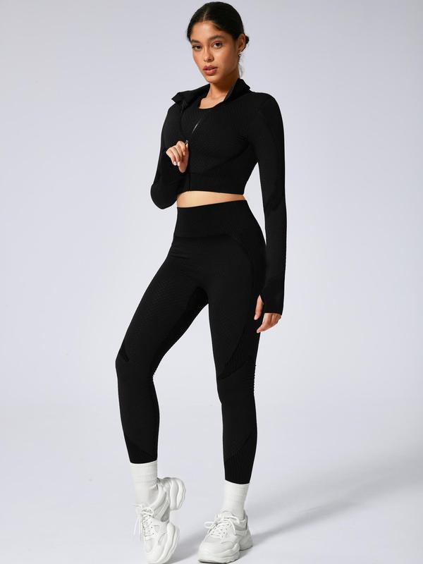 Women's Colorblock Striped Print Sports Three-Piece Set, Long Sleeve Zip Up Crop Outwear & Criss Cross Bra & High Waist Leggings Tracksuit Set, Ladies Sportswear for Indoor Outdoor Wear