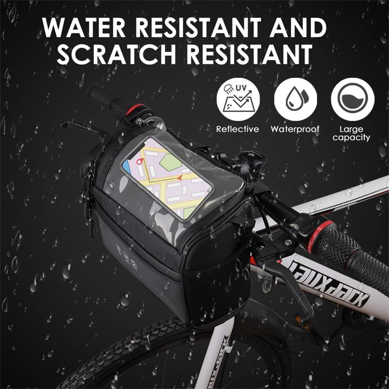 Bike Front Handlebar Bag, Large Reflective Bicycle Handlebar Basket Bag, Waterproof Storage Pannier for Bike Touchable Transparent Phone Holder Pouch