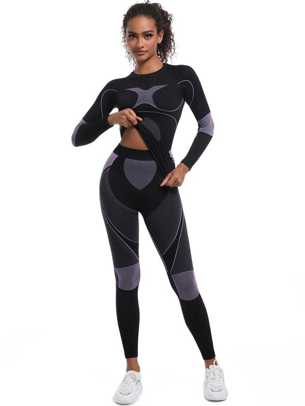 Women's Colorblock Ski Baselayer Suit, Sporty Quick Drying Compression Long Sleeve Top & High Waist Leggings, Ladies Sportswear for Skiing Gym Workout Outdoor