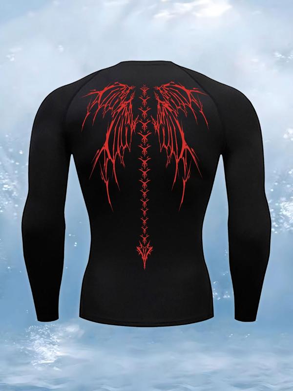 Men's Wing Print Round Neck Sports Tee, Long Sleeve Crew Neck Compression T-Shirt for Gym Workout Running, Sporty Top for All Seasons