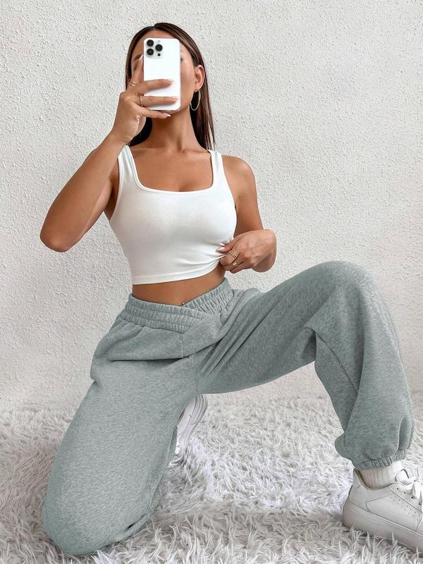 Women's Solid Elastic Waist Jogger Pants, Casual Comfy Pocket Sweatpants for Daily Wear, Ladies Bottoms for All Seasons