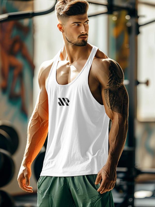 Men's Geometric Print Scoop Neck Sports Tank Top, Regular Fit Sporty Breathable Comfortable Sports Vest, Running Vest, Sportswear for Gym Workout Running, Fall Outfits, Fallfreshness, 90s Clothes