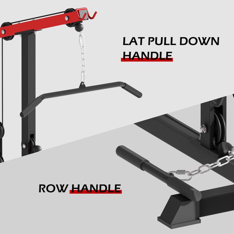 LAT Tower, LAT Pull Down and LAT Row Cable Machine with Flip-Up Footplate, High and Low Pulley Station with AB Crunch Harness, Home Gym Back Exercise Weight Machine