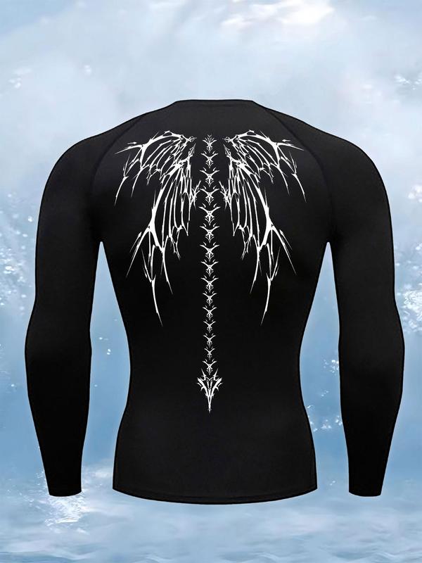 Men's Wing Print Round Neck Sports Tee, Long Sleeve Crew Neck Compression T-Shirt for Gym Workout Running, Sporty Top for All Seasons