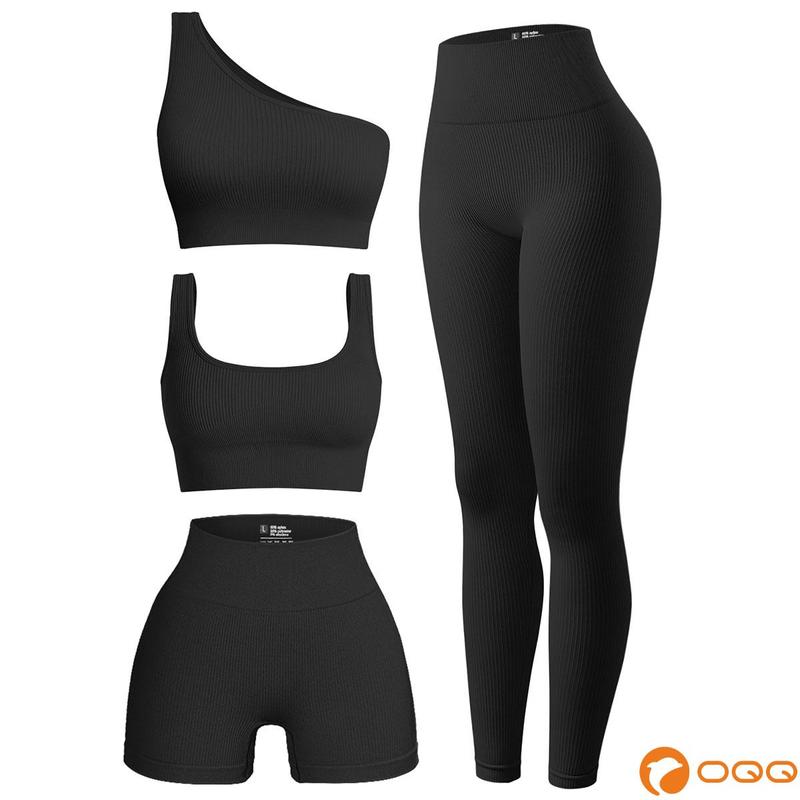 OQQ Women's 4 Piece Outfits Ribbed Exercise Scoop Neck Sports Bra One Shoulder Tops High Waist Shorts Leggings Active Set