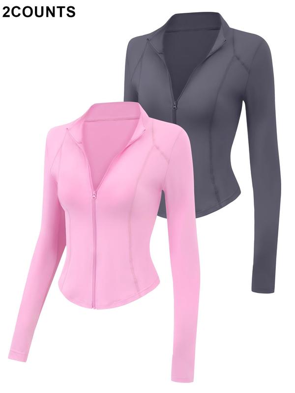 Women's Solid Zip Up Mock Neck Sports Jacket, Sporty Slim-fitting Breathable Long Sleeve Outerwear for Gym Workout Running, Sports Fitness Sauna Jacket, Ladies Sportswear for All Seasons