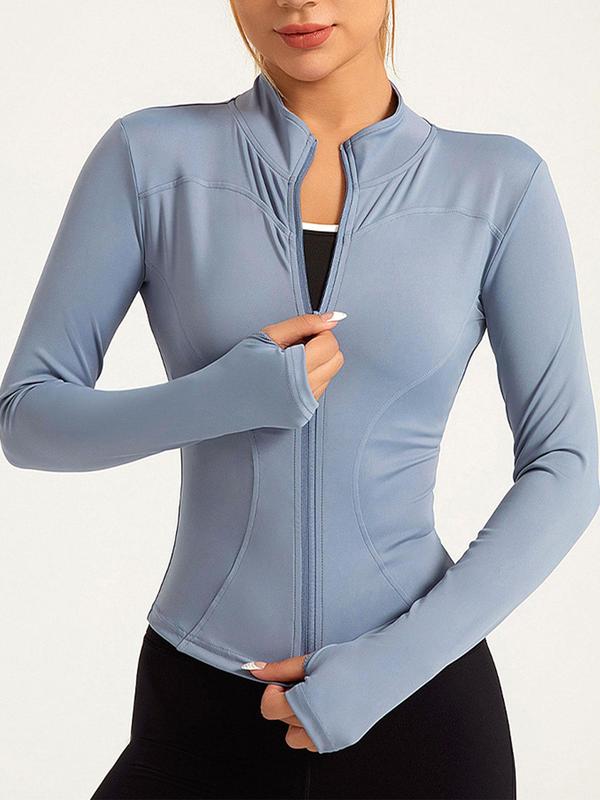 Women's Solid Zip Up Thumb Hole Sports Jacket, Breathable Long Sleeve Stand Collar Sports Outerwear for Yoga Gym Workout, Ladies Sportswear for All Seasons